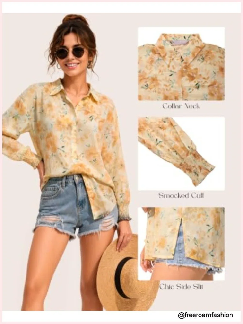 Boho Floral V Neck Button Down Blouse Long Sleeve Smocked Cuffs